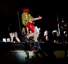 During the performance of "Bad Romance", Gaga climbed a set of stairs to the mezzanine floors Lady Gaga at Roseland Ballroom 11 edit.jpg