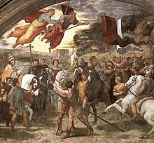 The meeting of Attila (left with barbarian troops) with Pope Leo I (right), the most notable pope of late antiquity. By Raphael, 1514 Leoattila-Raphael-2.jpg