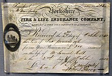 Life insurance certificate issued by the Yorkshire Fire & Life Insurance Company to Samuel Holt, Liverpool, England, 1851. On display at the British Museum in London Life insurance certificate issued by the Yorkshire Fire & Life Insurance Company to Samuel Holt, Liverpool, England, 1851. On display at the British Museum in London.jpg