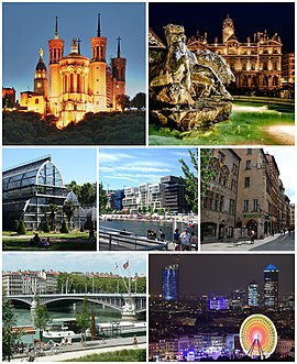 Top: Notre-Dame de Fourviere Bazilikasi, Fonteyn Bartholdi va Lion Meriya bilan tunda Place Terreaux. Markazi: Park de la Tête d'Or, Quyosh okrugi va Viyo-Lion. Pastki qismida: Pont Lafayette, Chiroqlar festivali paytida birinchi o'rinda Bellecour joyi bo'lgan La Part-Dieu Markaziy biznes tumani.