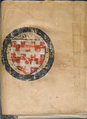 Malovaný obal sedmé knihy brněnské řady moravských zemských desk, Knihy Ctibora z Cimburka z let 1385–1392. Tzv. mluvící znak pánů z Cimburka (cimbuří)