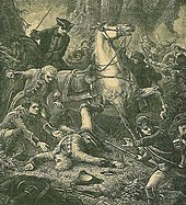 Death of Braddock at Battle of the Monongahela. 19th-century engraving. Major-General Braddocks death at the Battle of Monongahela.JPG