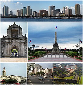 Üstte: Manila şehrinin silueti. Ortada: Fort Santiago, Rizal heykeli ve Quirino Grandstand, Manila belediye binası, Roxas Bulvarı ve Filipin Kültür Merkezi Altta: Malacañang Sarayı, Manila Katedrali ve gece Manila