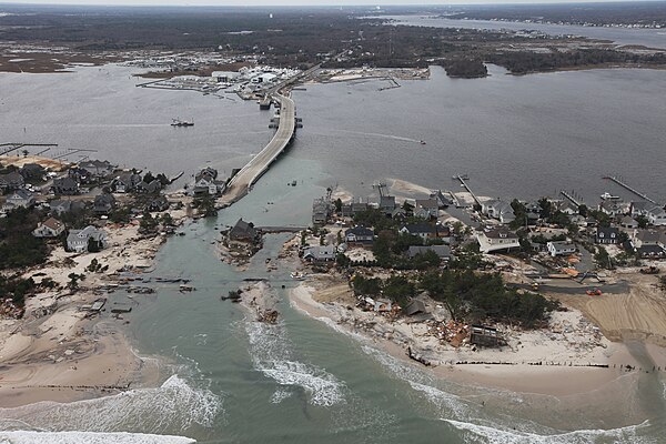 Aerial photo at eastern terminus of CR 528 at Route 35 in Mantoloking showing damage after Hurricane Sandy