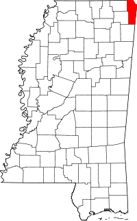 Locatie van Tishomingo County in Mississippi