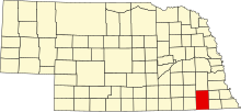 Location of Gage County in Nebraska Map of Nebraska highlighting Gage County.svg