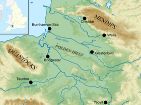 Topografisk kort over en del af Somerset med Mendip Hills mod nordøst.