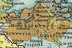 Mecklenburg um 1648, zeigt die Trennung zwischen Mecklenburg-Schwerin und Mecklenburg-Güstrow