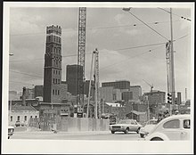 Construction of Museum station in July 1974 looking towards Coop's Shot Tower.