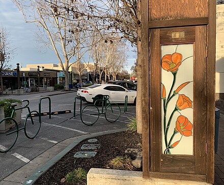 Santa Cruz Avenue in Menlo Park has several several displays of stained glass that are worth noticing while strolling along; this one is of the California poppy, the state flower that grows abundantly in Menlo Park