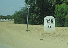 Mileposts on the Yangon-Mandalay Expressway use miles followed by furlongs Milepost 358-6 on Yangon-Mandalay Expressway.JPG