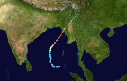 Carte montrant la trajectoire et l'intensité de la tempête selon l'échelle de Saffir-Simpson.