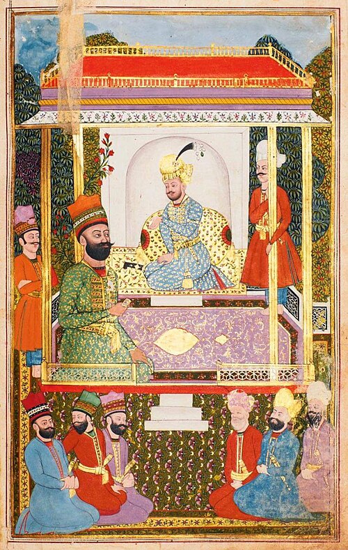 Court scene with Tahmasp II in the centre, and Nader to his left. From a illustrated Indian copy of the Jahangosha-ye Naderi, dated 1757/58