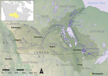 The Saskatchewan River drains the prairies east into Lake Winnipeg.
The Nelson River drains Lake Winnipeg northeast into Hudson Bay.
The Red River comes in from the south. Nelson river basin map.png