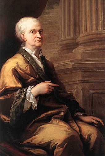 Maljuna Isaac Newton en 1712, portreto de Sir James Thornhill.