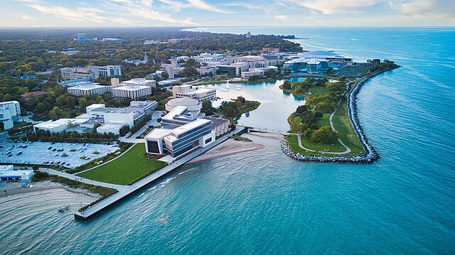 Aerial photograph of Northwestern University from Lake Michigan