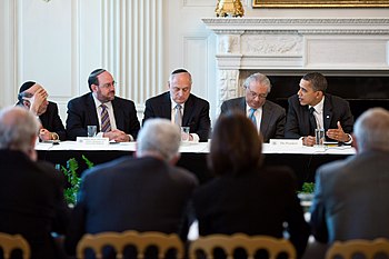 Hoenlein meets with U.S. President Barack Obama, (Hoenlein is sitting in the middle with his head lowered) Obama and Conference of Presidents of Major American Jewish Organizations.jpg
