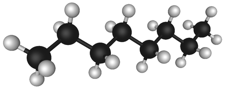 Octane, a hydrocarbon found in petroleum. Lines represent single bonds; black spheres represent carbon; white spheres represent hydrogen.
