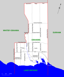Previous electoral district of Oshawa, which excluded the north-western parts of the city. Oshawa (riding map).png