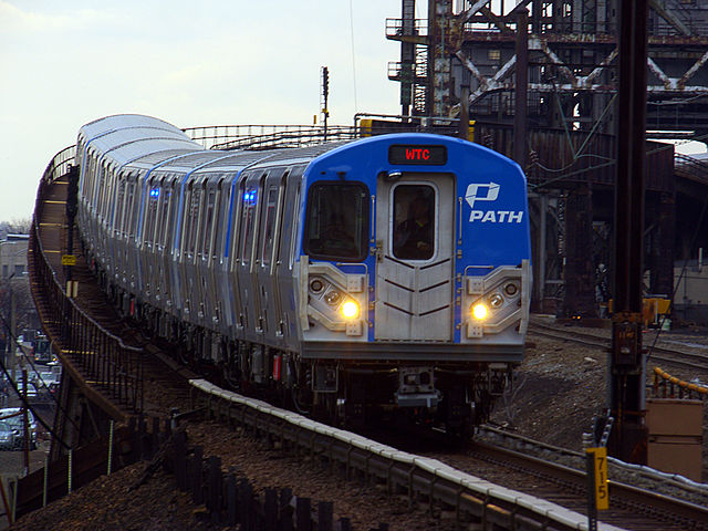 A PATH train of PA5 cars on the Newark–World Trade Center line, crossing the Passaic River en route to the World Trade Center