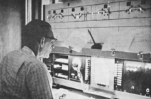 Penn Central Southern Region (Columbus Division) Train Dispatcher controlling train movements at the CTC "B" board in Columbus, Ohio. At this position, one person could handle about 25 through train movements a day. PCPOST Train Dispatcher.png