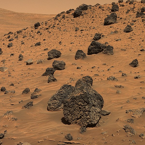 Martian sand and boulders photographed by NASA's Mars Exploration Rover Spirit