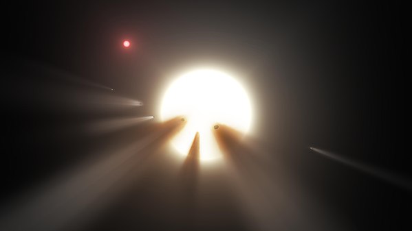 Artist's impression of an orbiting swarm of dusty comet fragments