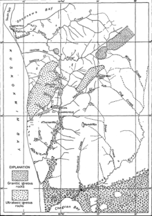 Platinum, Alaska, geologic map showing the location of creeks associated with platinum placer deposits. Platinum Alaska geologic map.png