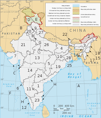 A clickable map of the 28 states and 8 union territories of India Political map of India EN.svg