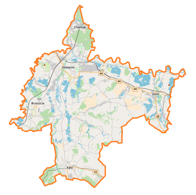 Mapa konturowa powiatu oświęcimskiego, na dole nieco na lewo znajduje się punkt z opisem „Kęty”