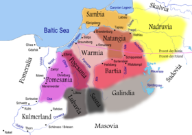 Clanuri prusace în secolul al XIII-lea (nădruvienii sunt în galben)