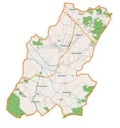 Mapa konturowa gminy Radwanice, w centrum znajduje się punkt z opisem „Kłębanowice”