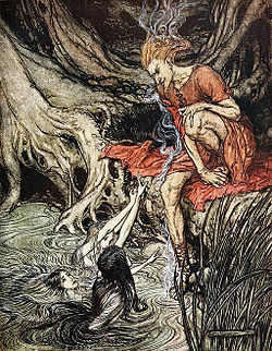 Loge rend visite aux filles du Rhin et apprend la disparition de l'Or du Rhin, illustré par Arthur Rackham (1910) pour l'opéra L'Or du Rhin de Richard Wagner.