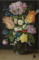 Still Life with Tulips, Roses, Narcissus and other Flowers in a Beaker