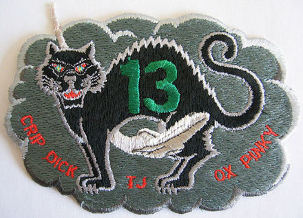 Alternate mission patch, referencing the mission's original designation, STS-13; and landing under a black cat, given that 13 April 1984 was a Friday the 13th.[8]
