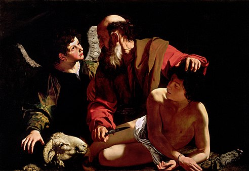Sacrifice of Isaac, oil on canvas (45.6 x 68.1 / 116 x 173 cm). This painting is sometimes attributed to Caravaggio.