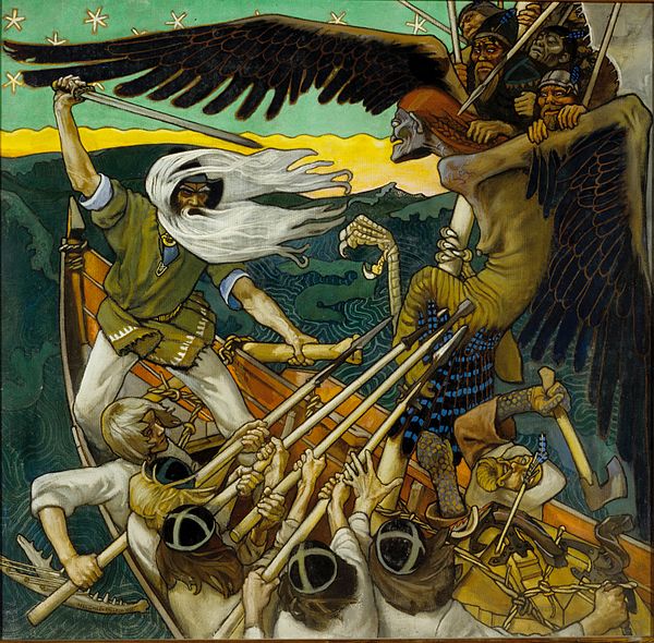 Väinämöinen fight against Louhi about Sampo. Akseli Gallen-Kallela's The Defense of the Sampo, 1896.