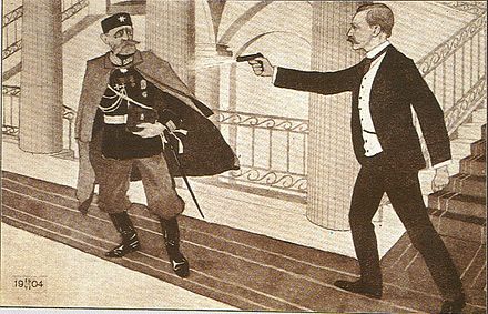 Governor-General Bobrikov assassinated by Eugen Schauman on 16 June 1904, in Helsinki.[22] A drawing of the assassination by an unknown author.
