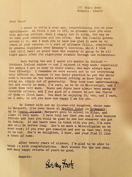 Letter from Foote to childhood friend Grant Stockdale (1962)
