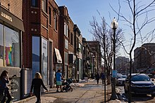Sherbrooke Street in the commercial district of Victoria Village, in the western part of Westmount. Sherbrooke Street in western Westmount.jpg