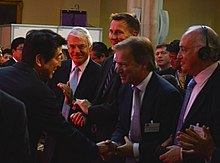 With then-Japanese Prime Minister Shinzo Abe, John Major, Hugo Swire and Michael Howard, in 2013 Shinzo Abe with Sir John Major, Jeremy Hunt and Hugo Swire (9092393866).jpg