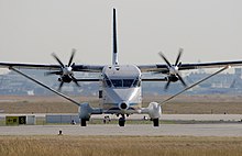 The 36-passenger Short 360 has a strut-braced wing Short 360-300, Nightexpress AN0386943.jpg