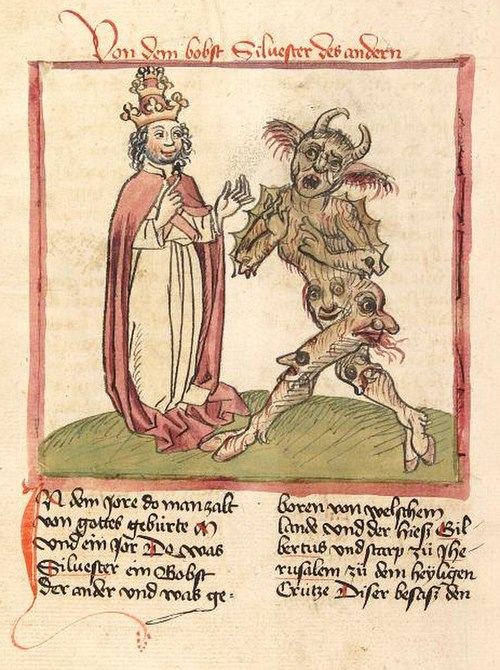 Pope Sylvester II and the devil in an illustration of c. 1460.