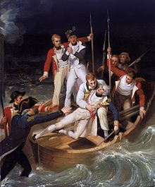 Nelson cae herido durante la batalla de Santa Cruz de Tenerife. Pintura de Richard Westall, 1806