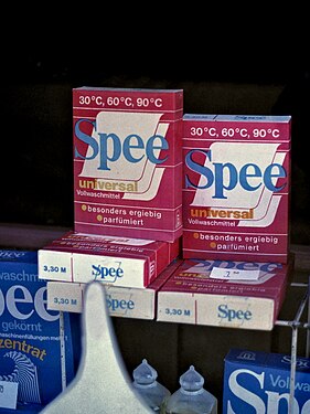 "Spee" - the classic laundry detergent of the former east German GDR in a shop window in Gadebusch, GDR, April 1990