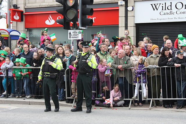 St. Patricks Day, Downpatrick, 2011. The constable on the left is wearing a bulletproof vest while the sergeant on the right is wearing a stab vest