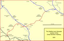 The Stafford & Uttoxeter Railway system in 1881 Stafford & uttox 1881.png