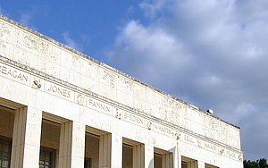 The exterior frieze of the Hall of State honors 59 Texas historical figures. Displayed here are John Reagan, Anson Jones, James Fannin, Gail Borden, William H. Wharton, Peter Bell, Jose Navarro and Elisha M. Pease. State Fair HoS Heroes.jpg