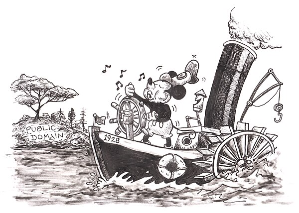 A 2024 illustration of Steamboat Willie entering the public domain