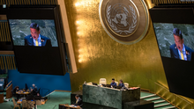 Srettha giving a speech at the Seventy-eighth session of the United Nations General Assembly in United Nations General Assembly Building, New York City, US, 22 September 2023 TH PM Srettha Thavisin at the 78th UNGA, Sept 22, 2023.webp